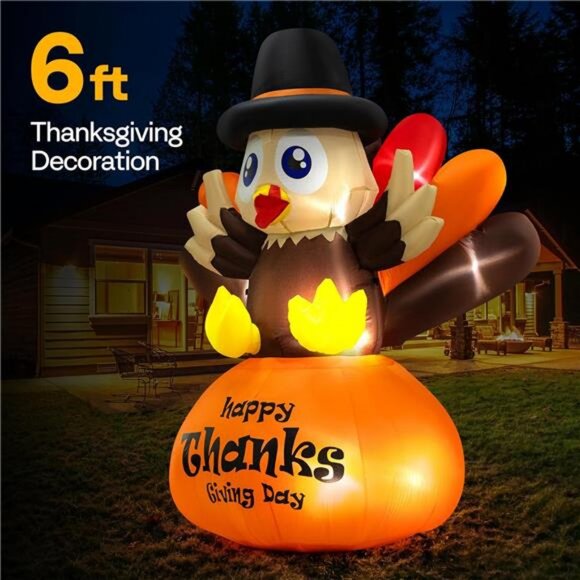 6ft Height Thanksgiving Inflatable LED Lighted Turkey on Pumpkin Blow - Picture 3 of 7